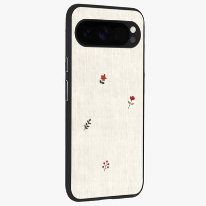 Minimalistic Blue With White Flower Pattern Glass Case upright view showcasing clean white flower artwork with calming blue theme.