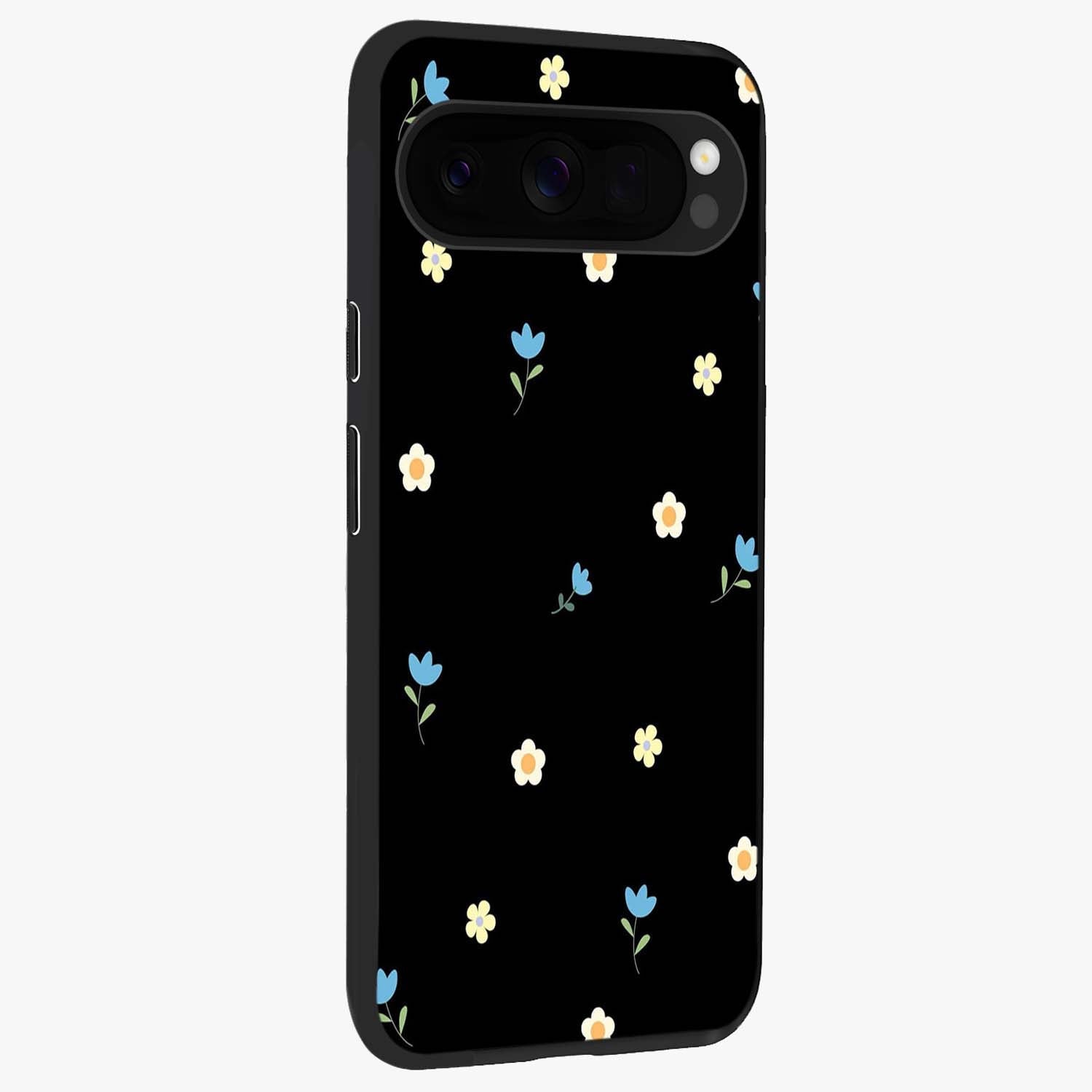 Minimal Petal Whispers Glass Case upright view showcasing elegant floral artwork with modern minimalist style.