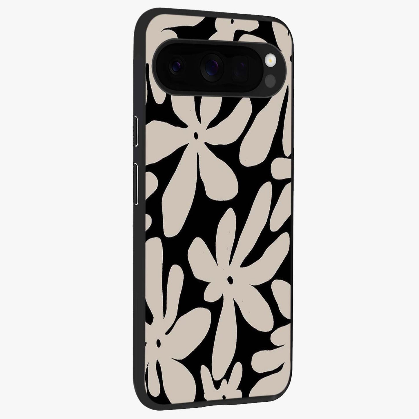Monochrome Petal Dance Glass Case upright view showcasing artistic floral pattern with stylish monochrome theme.