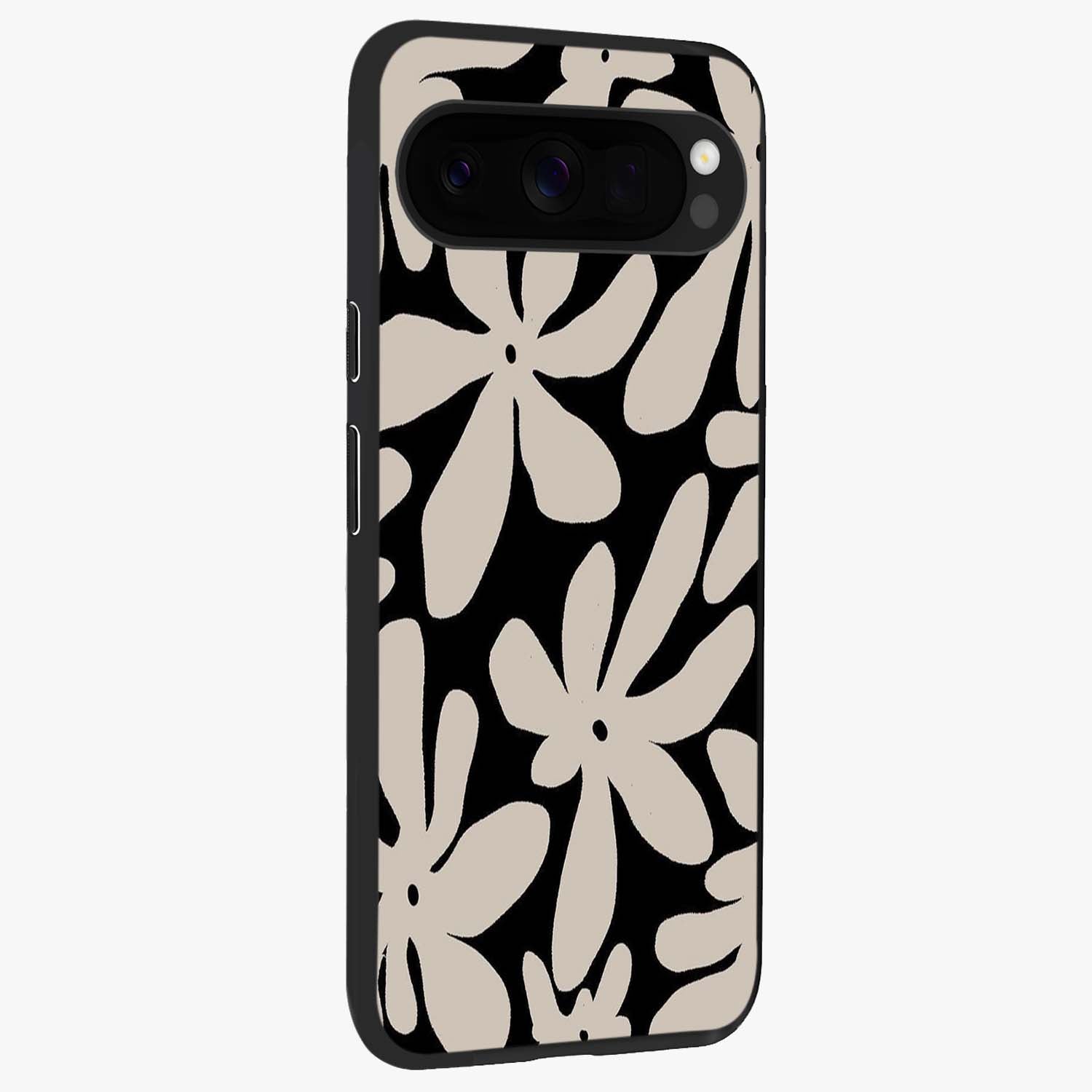 Monochrome Petal Dance Glass Case upright view showcasing artistic floral pattern with stylish monochrome theme.
