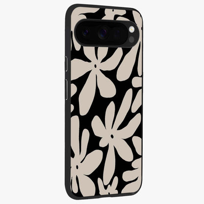 Monochrome Petal Dance Glass Case upright view showcasing artistic floral pattern with stylish monochrome theme.