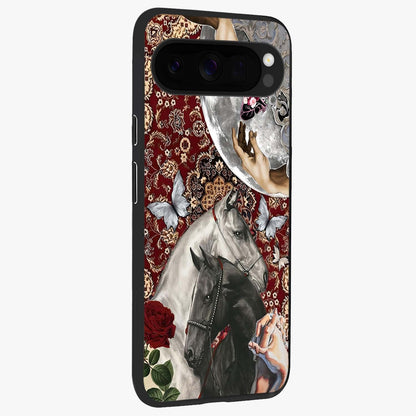 Moonlit Royal Stallion Glass Case upright view showcasing dramatic horse artwork with glowing moon themed design.