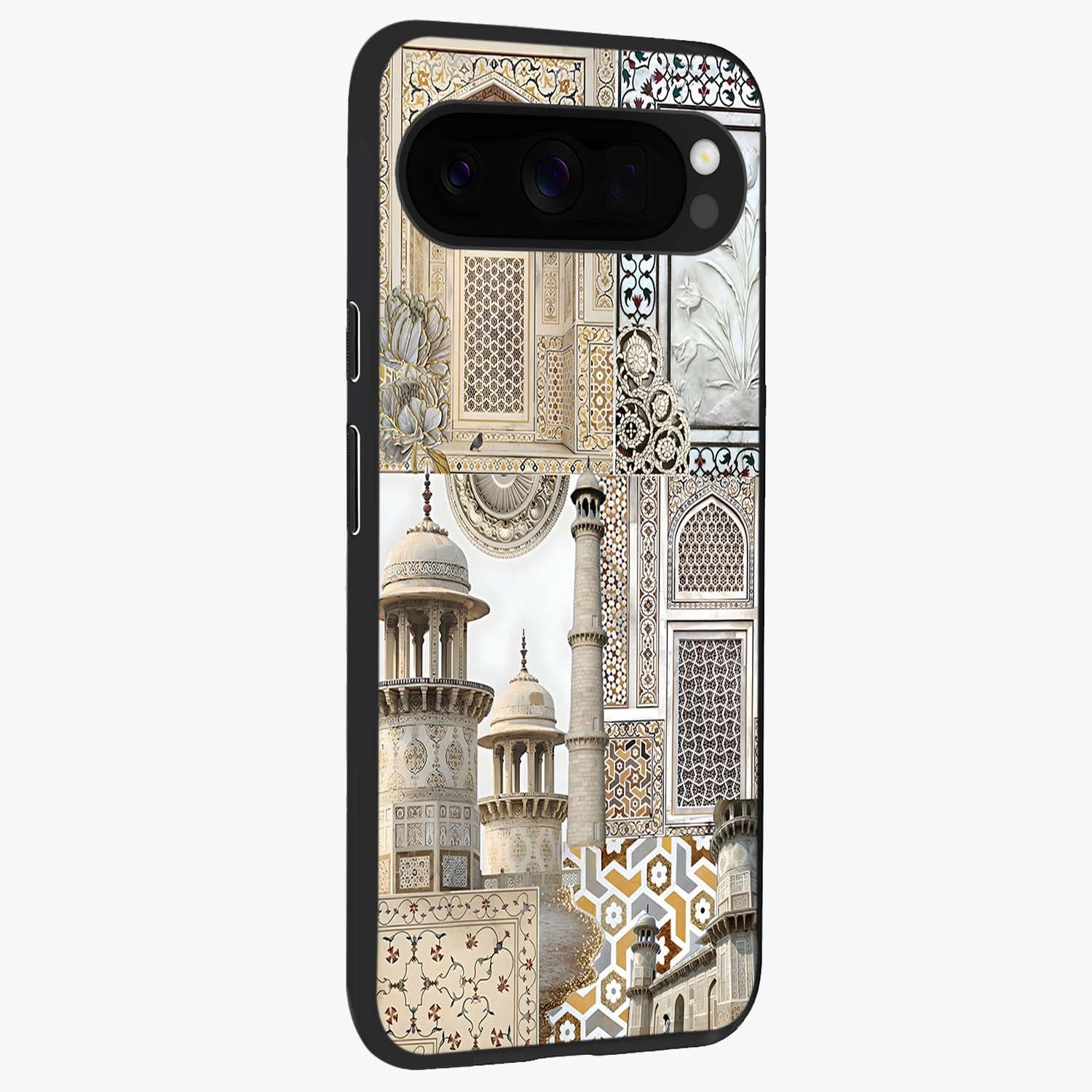 Mughal Marble Legacy Glass Case upright view showcasing ornate Mughal design with luxurious traditional theme.