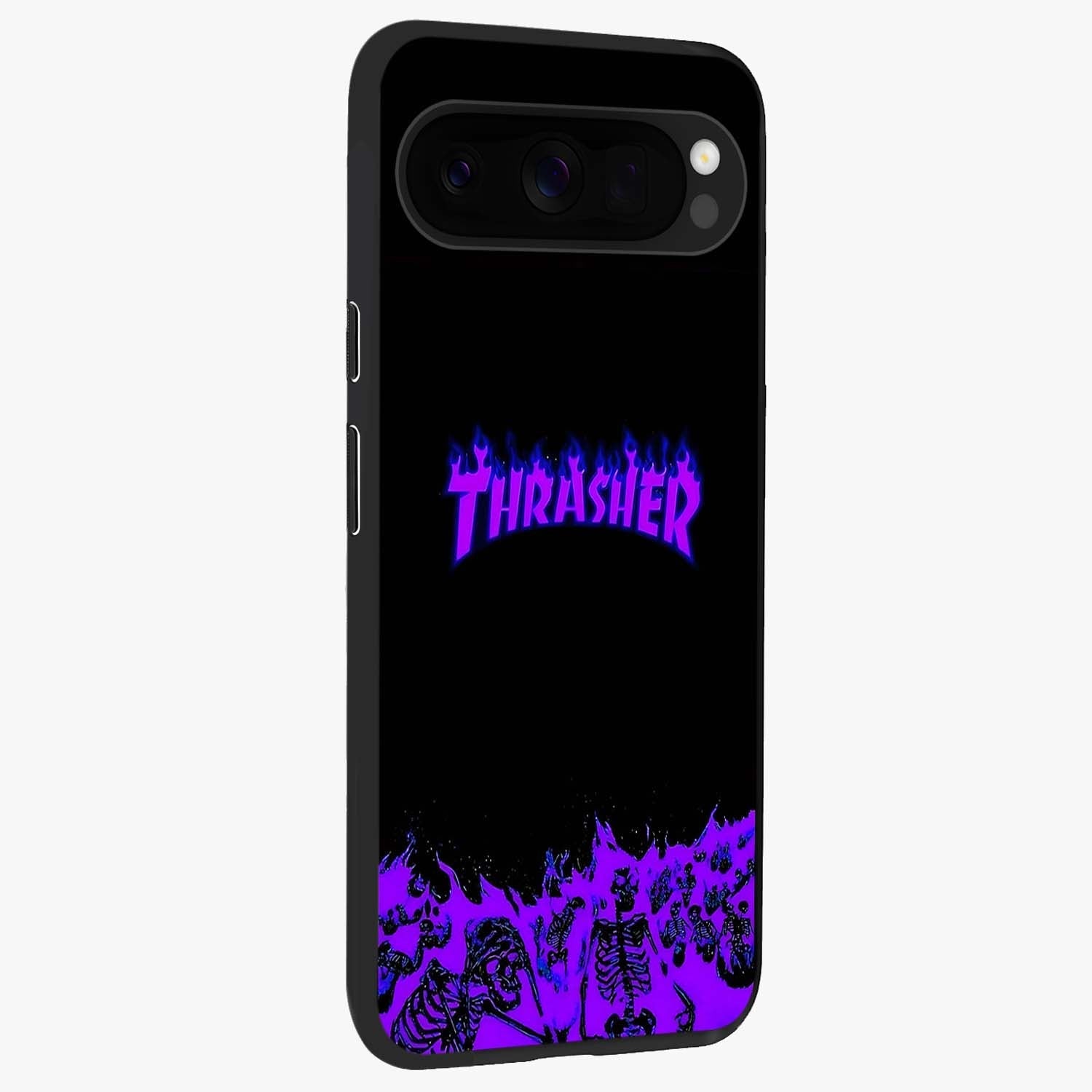 Neon Flame Riot Glass Case upright view showcasing dynamic flame artwork with energetic neon theme.