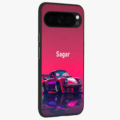 Neon Pink Porsche Glass Case upright view showcasing vibrant sports car artwork with bold automotive theme.