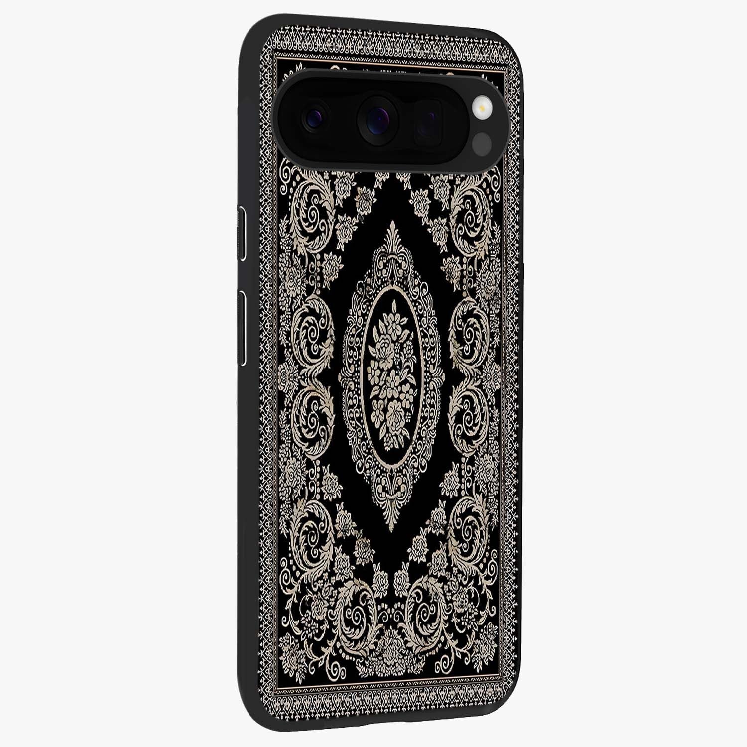 Noir Bloom Elegance Glass Case upright view showcasing graceful floral artwork with luxurious dark theme.