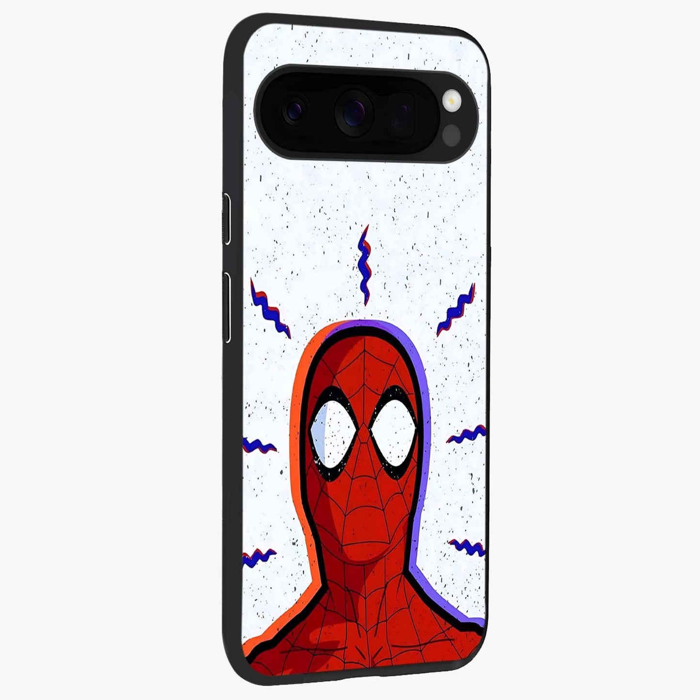 Omg Spiderman Glass Case upright view showcasing energetic superhero artwork with vibrant comic theme.