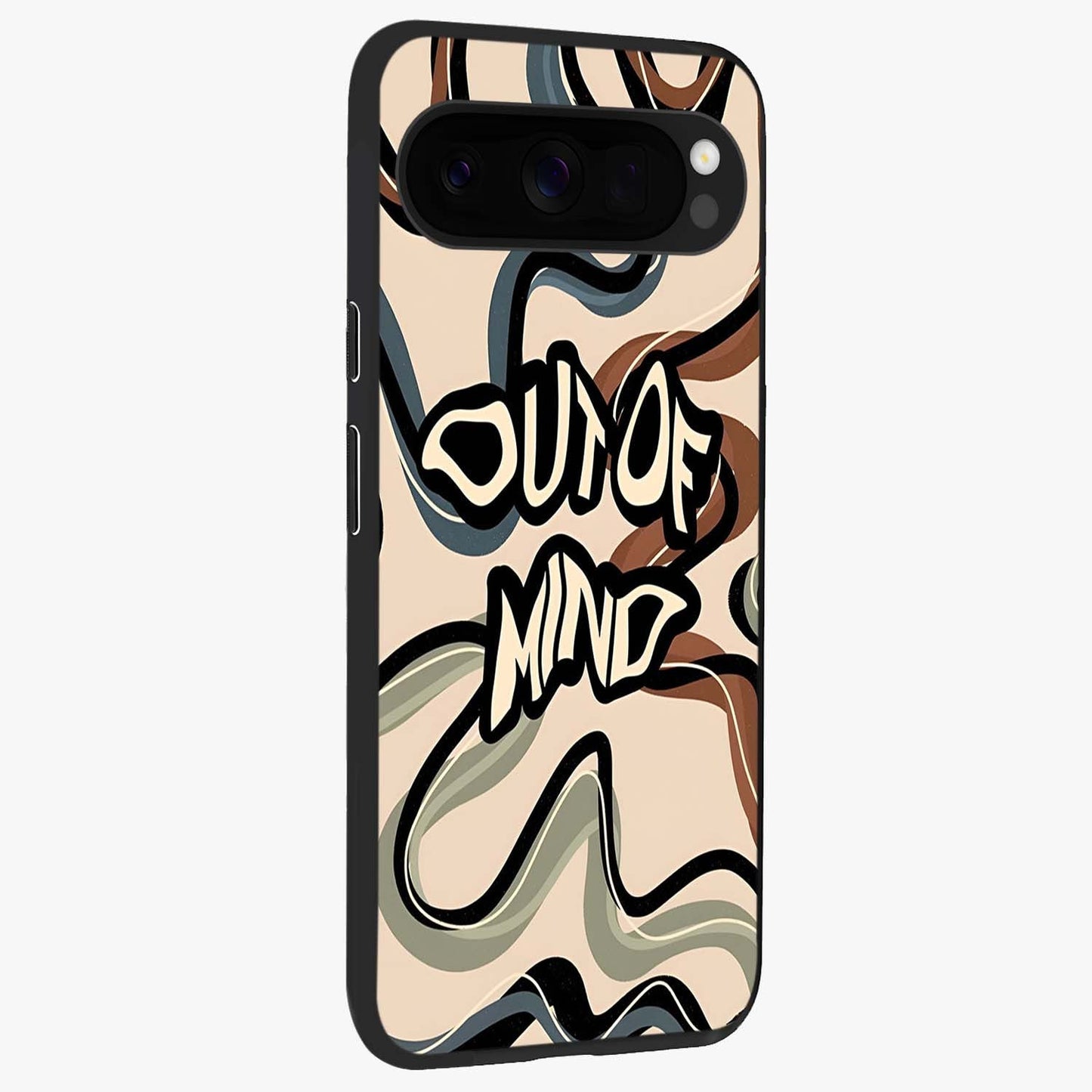 Out Of Mind Glass Case upright view showcasing striking typography artwork with edgy conceptual theme.
