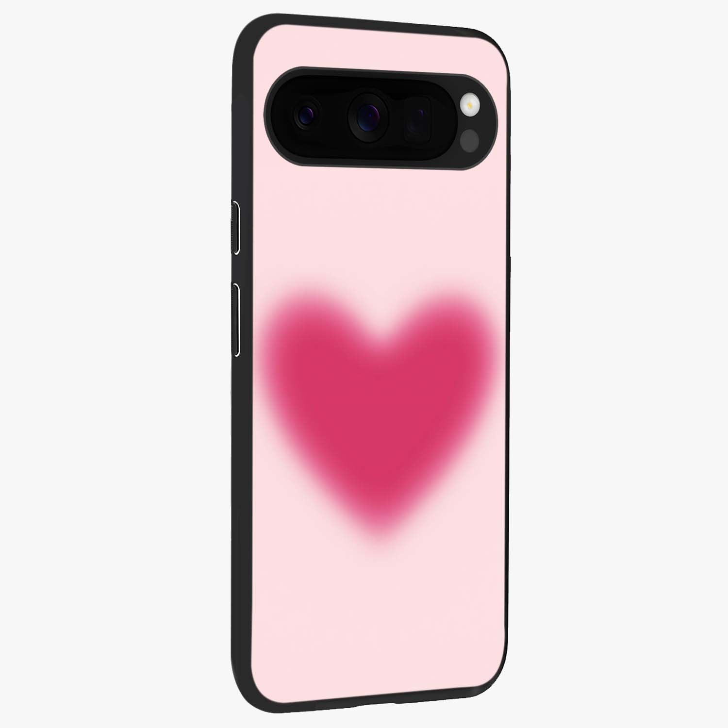 Pink Aura Heart Glass Case upright view showcasing romantic heart artwork with soft pastel theme.