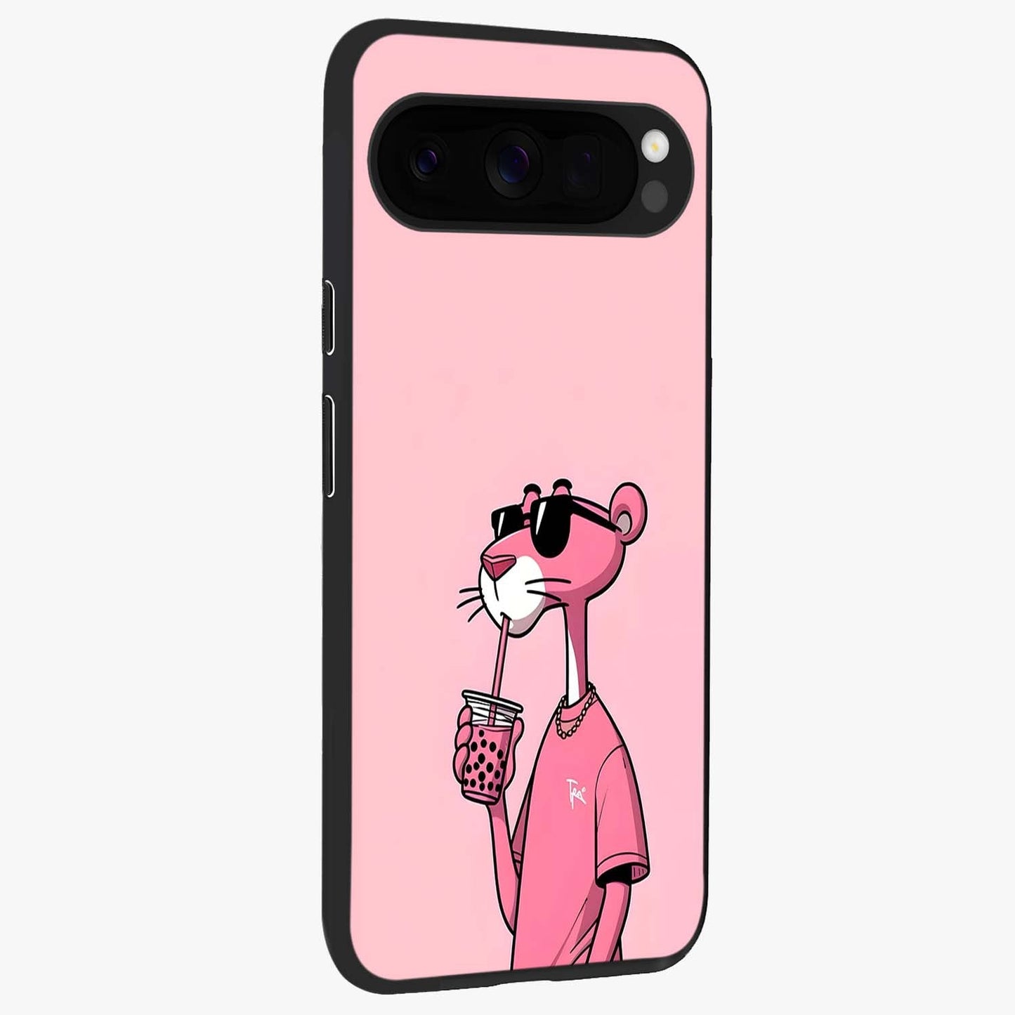 Pink Panther Glass Case upright view showcasing fun animated artwork with stylish retro cartoon theme.