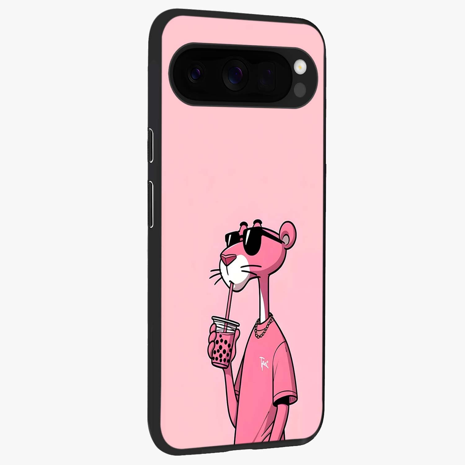 Pink Panther Glass Case upright view showcasing fun animated artwork with stylish retro cartoon theme.