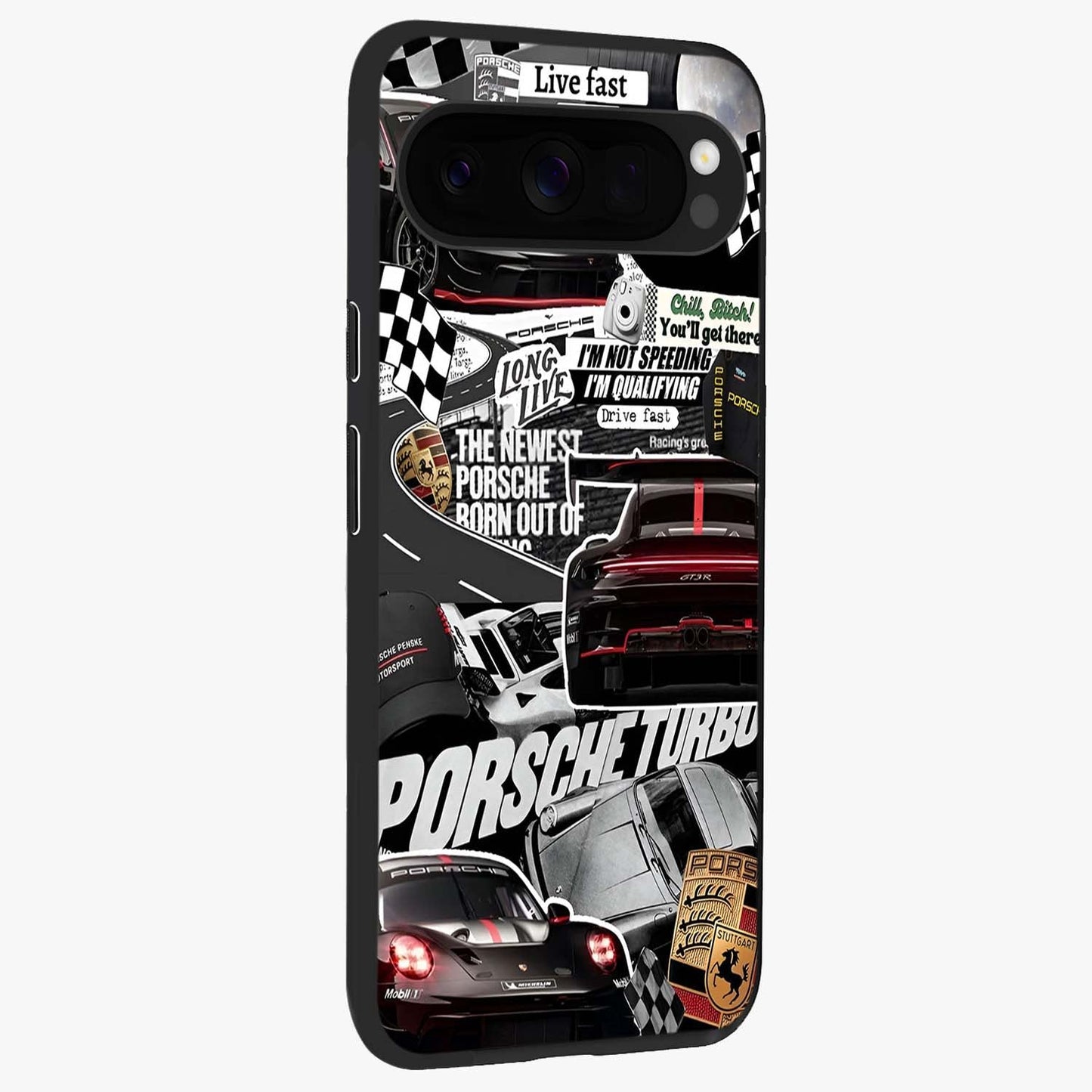Porsche Racing Collage Glass Case upright view showcasing energetic car collage artwork with high speed racing theme.