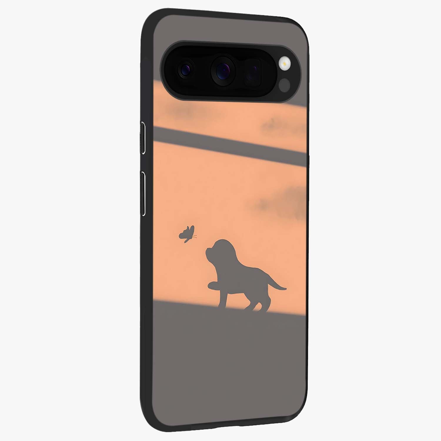 Puppy Shadow Art Glass Case upright view showcasing charming puppy artwork with creative silhouette theme.