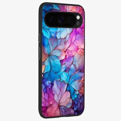 Radiant Floral Whirl Glass Case upright view showcasing lively floral artwork with decorative swirl theme.