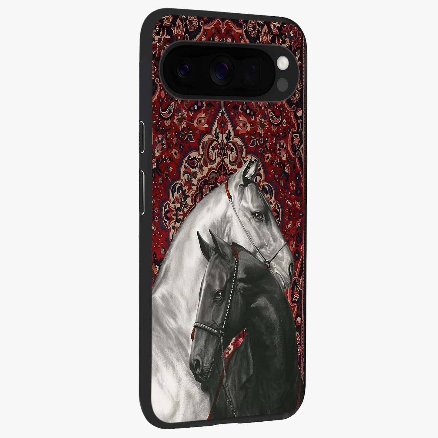 Regal Stallion Tapestry Glass Case upright view showcasing powerful horse artwork with elegant tapestry theme.