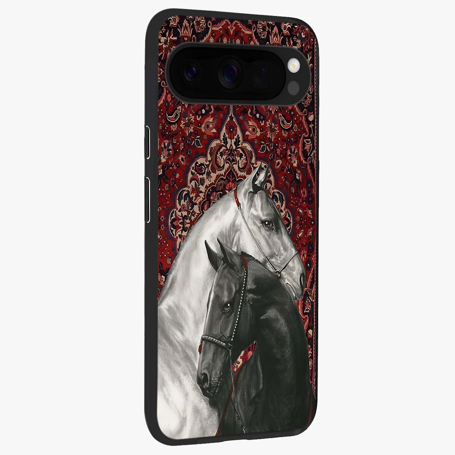 Regal Stallion Tapestry Glass Case upright view showcasing powerful horse artwork with elegant tapestry theme.