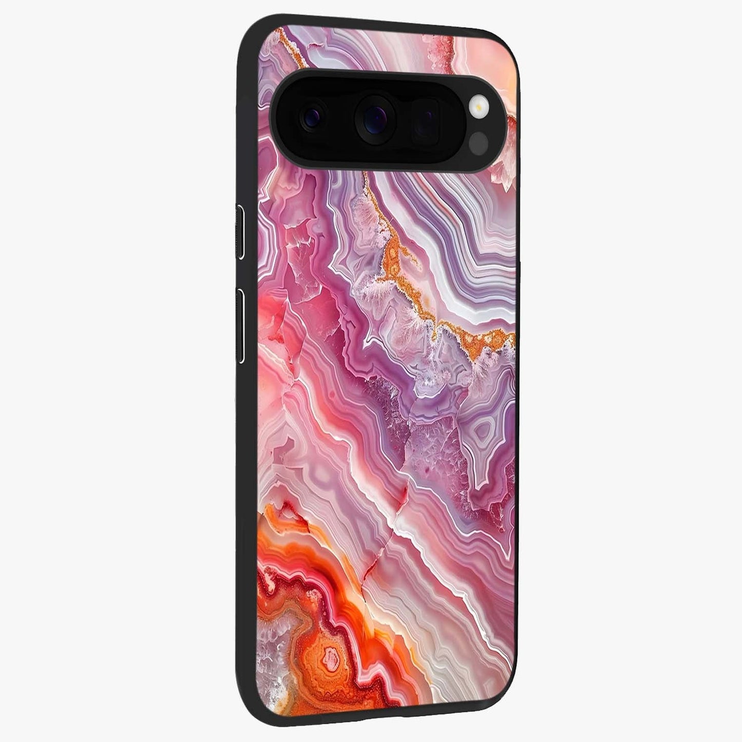 Rose Quartz Marble Glass Case upright view showcasing decorative marble artwork with luxurious pastel theme.