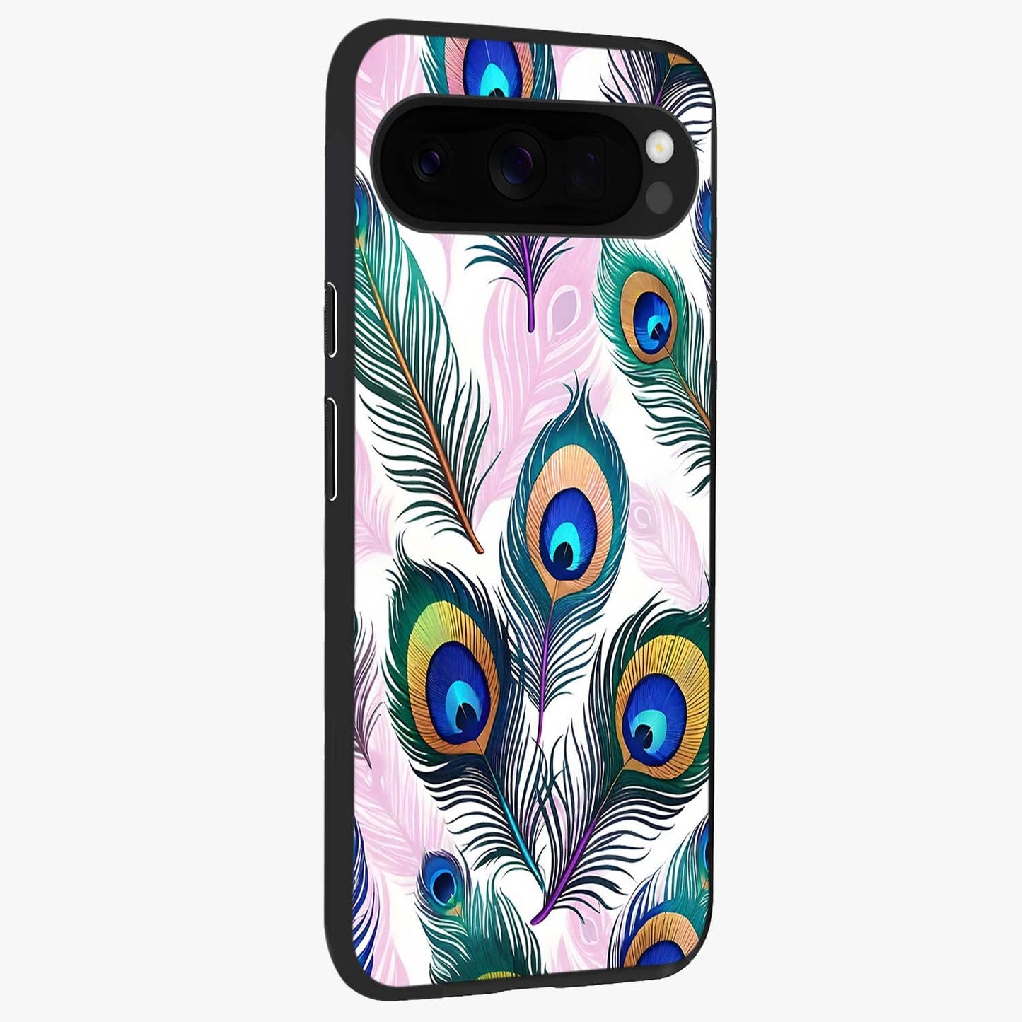 Royal Peacock Feathers Glass Case upright view showcasing elegant peacock feather artwork with decorative royal theme.