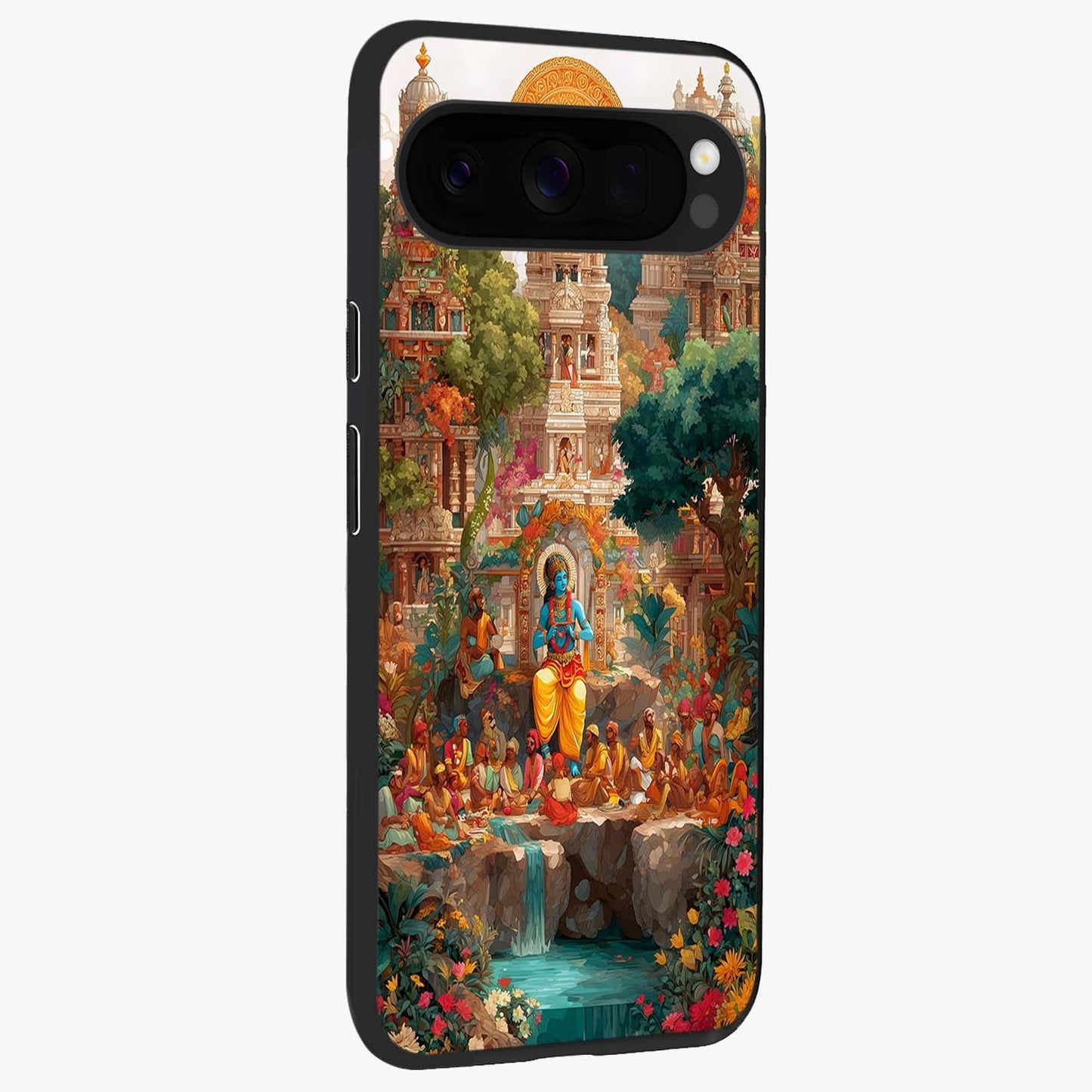 Sacred Sunlight Gods Glass Case upright view showcasing glowing divine artwork with sacred mythological theme.
