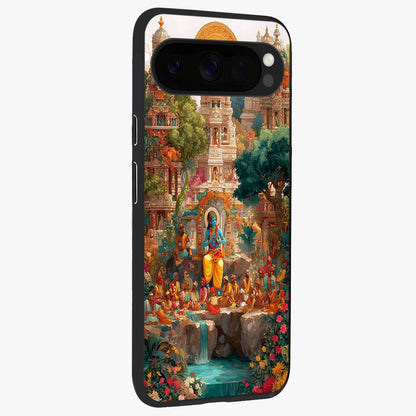 Sacred Sunlight Gods Glass Case upright view showcasing glowing divine artwork with sacred mythological theme.