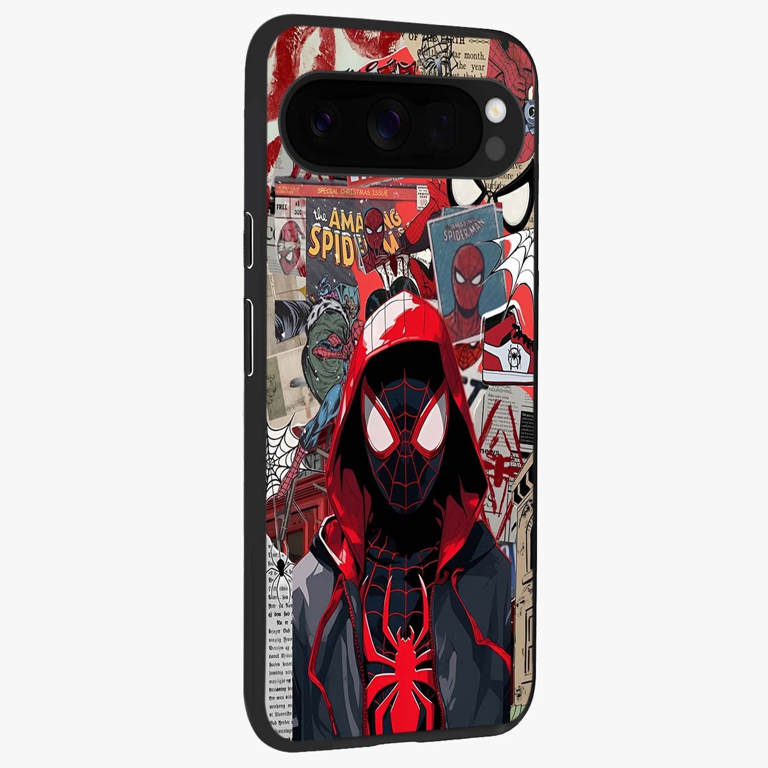 Spider Collage Street Glass Case upright view showcasing bold superhero artwork with urban street theme.