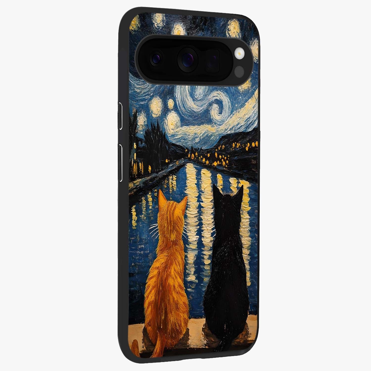 Starry River Cats Glass Case upright view showcasing adorable cat artwork with magical river and stars theme.