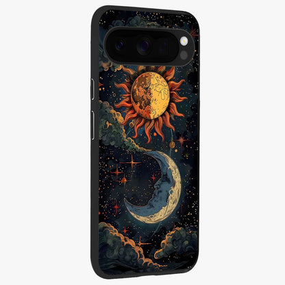 Sun And Moon Magic Design Glass Case upright view showcasing decorative sun and moon artwork with spiritual celestial theme.