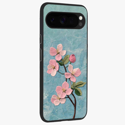 Threaded Blossom Breeze Glass Case upright view showcasing graceful flower artwork with calm botanical theme.