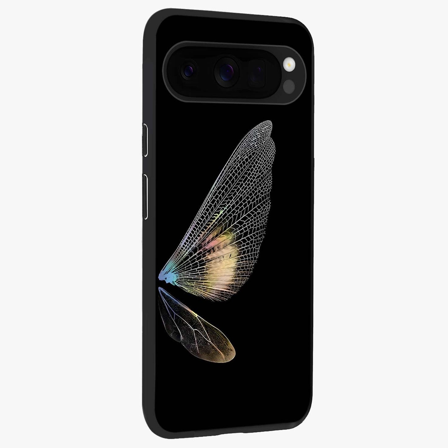 Whispers Of Wings Glass Case upright view showcasing elegant wing artwork with light airy theme.
