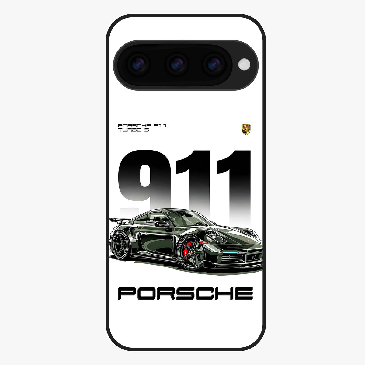 911 Turbo Dominance Glass Case showing clean flat back view with bold 911 sports car artwork and glossy glass finish.