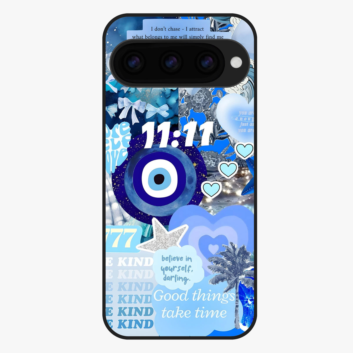 Aesthetic Be Kind Eye Glass Case showing flat back view with motivational eye artwork and glossy glass finish.