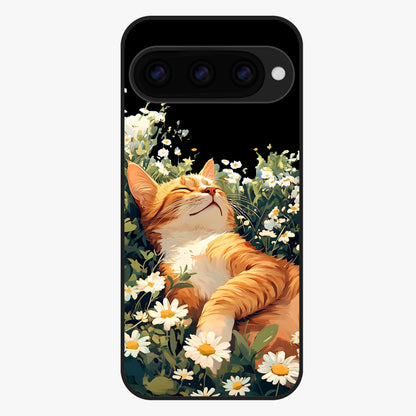 Blissful Bloom Cat Glass Case showing flat back view with cute cat and floral bloom artwork and glossy glass finish.