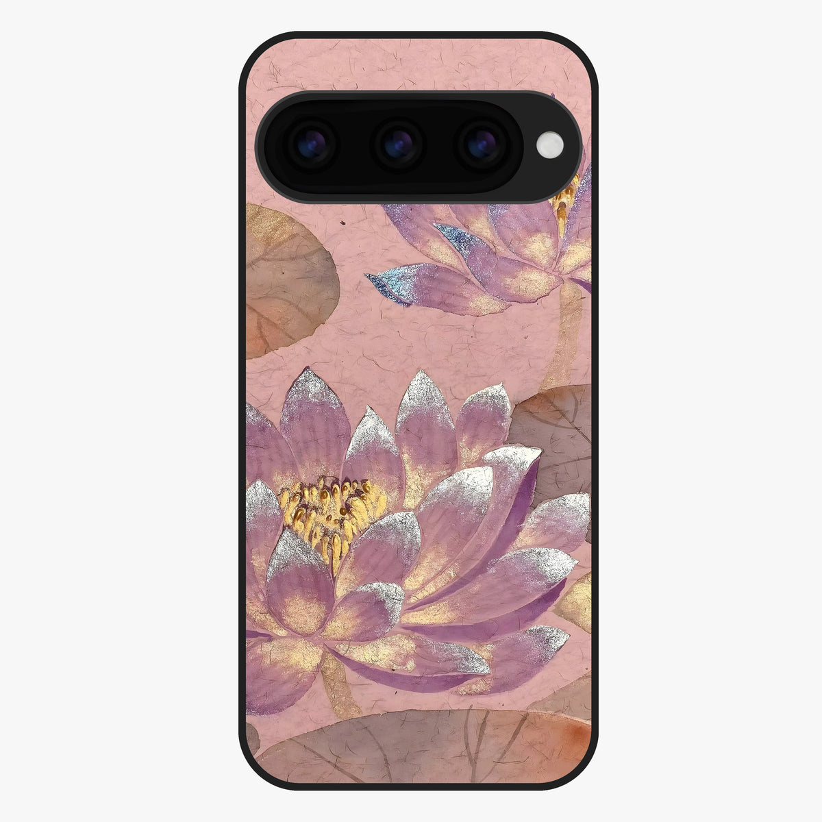 Blossom Mist Lotus Glass Case showing flat back view with serene lotus blossom artwork and glossy glass finish.