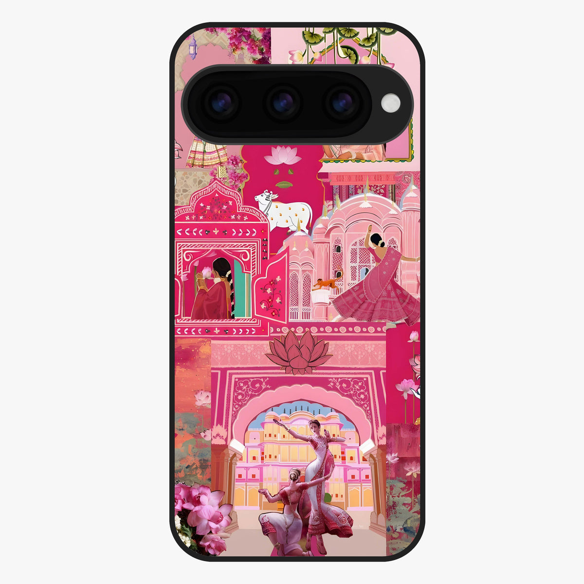Blossoms of Rajasthan Glass Case showing flat back view with traditional floral artwork inspired by Rajasthan and glossy glass finish.