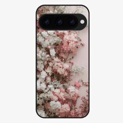 Blush Blossom Cloud Glass Case showing flat back view with dreamy blush cloud blossom artwork and glossy glass finish.