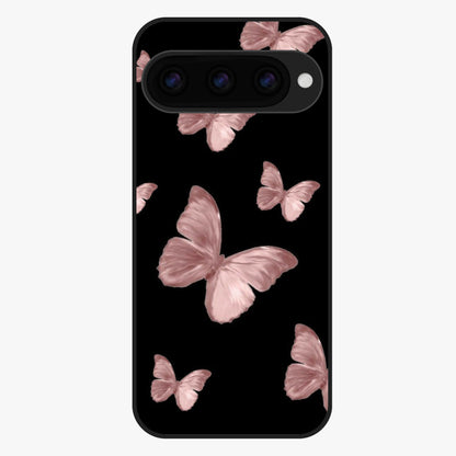 Butterfly Pattern Glass Case showing flat back view with elegant butterfly pattern artwork and glossy glass finish.