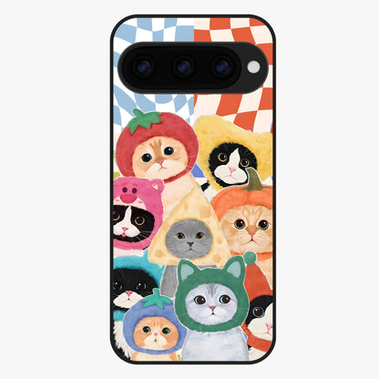 Cats in Fruits Glass Case showing flat back view with playful cat illustrations inside fruit artwork and glossy glass finish.