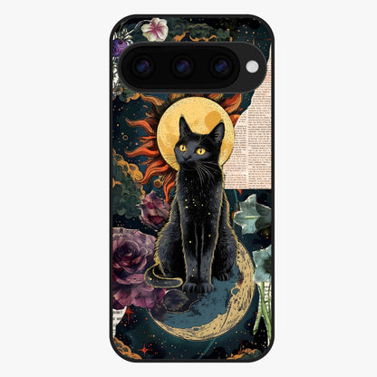 Celestial Black Cat Glass Case showing flat back view with mystical black cat artwork and glossy glass finish.