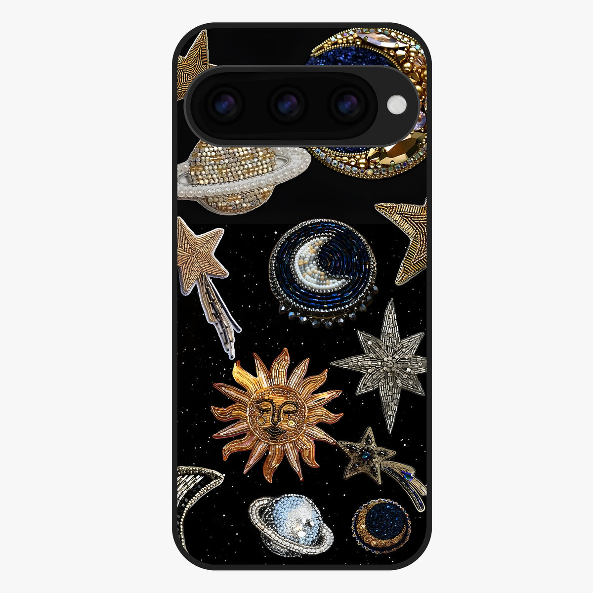 Celestial Gem Constellations Glass Case showing flat back view with sparkling constellation artwork and glossy glass finish.