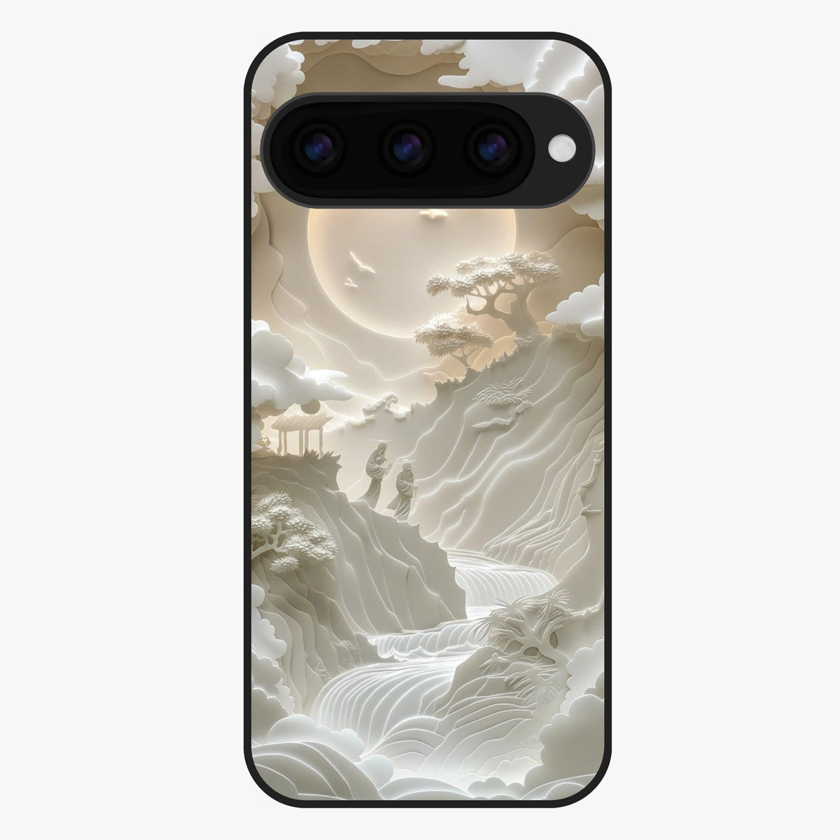 Celestial Origami Glass Case showing flat back view with artistic origami inspired celestial artwork and glossy glass finish.