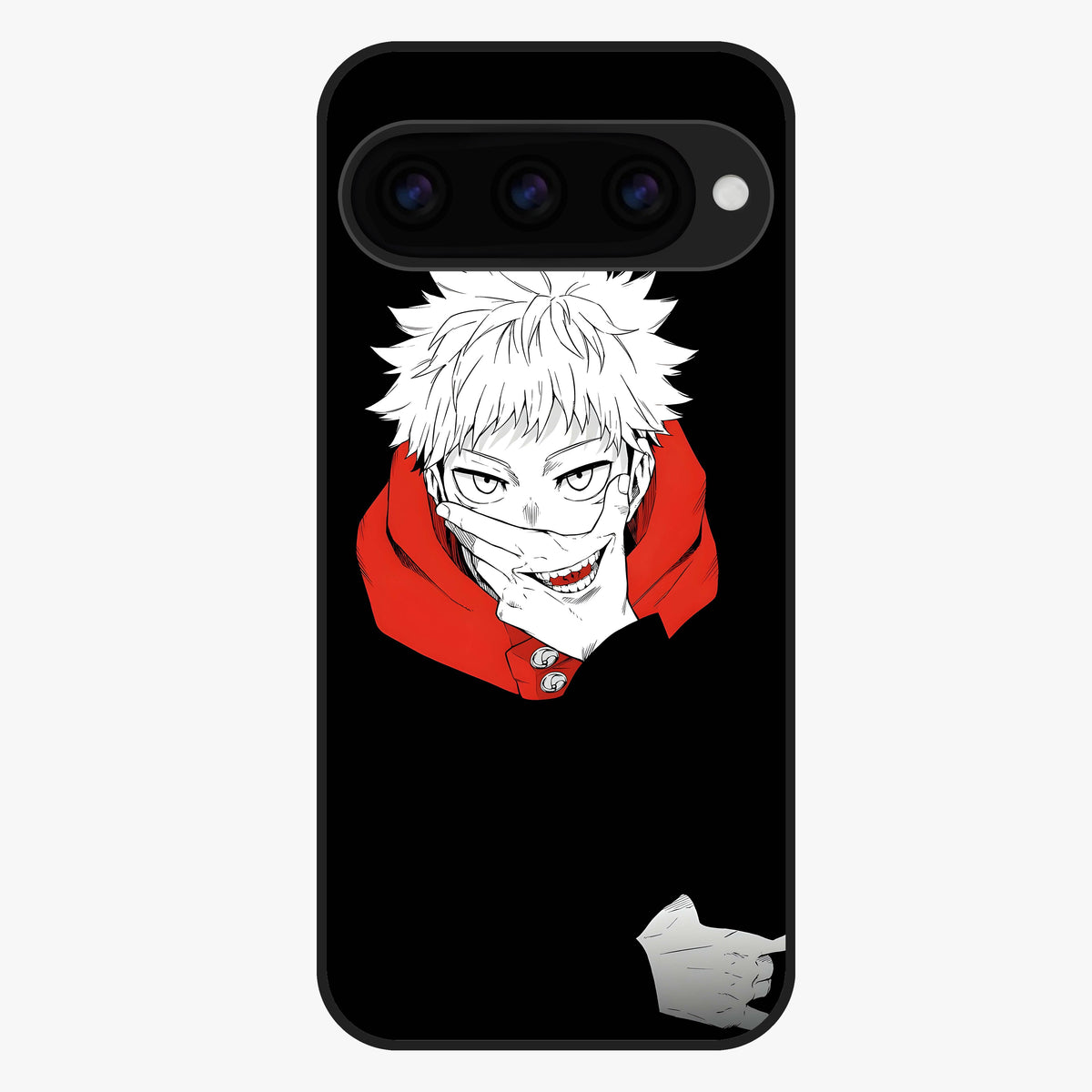 Crimson Chaos Smile Glass Case showing flat back view with bold chaotic smile artwork and glossy glass finish.