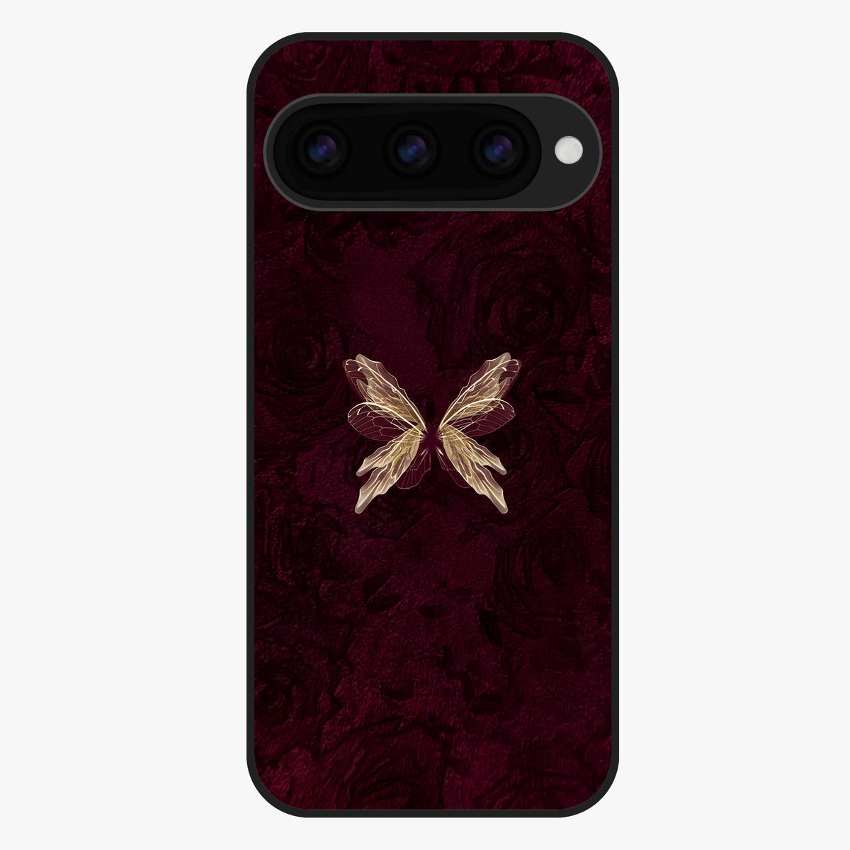 Crimson Fade Butterfly Glass Case showing flat back view with fading butterfly artwork and glossy glass finish.