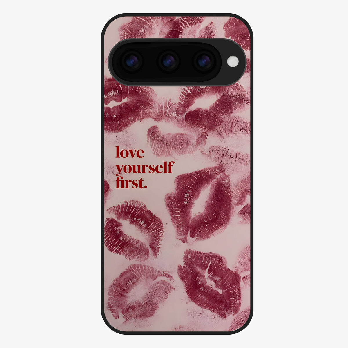 Crimson Kiss Love Glass Case showing flat back view with romantic crimson themed artwork and glossy glass finish.