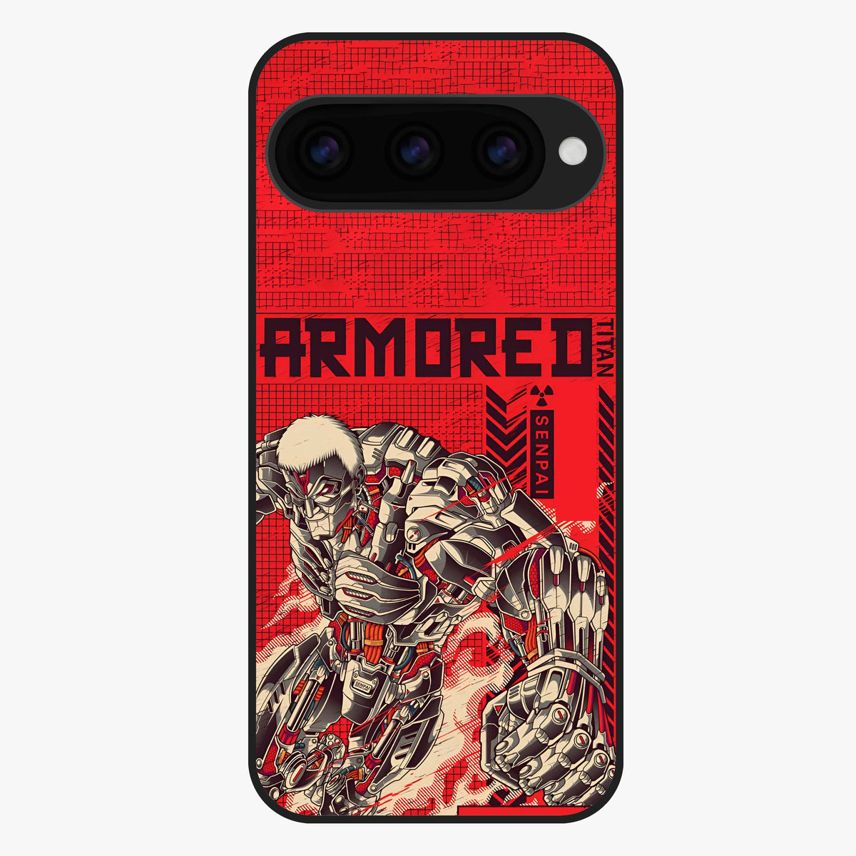 Crimson Mecha Titan Glass Case showing flat back view with powerful mech titan artwork and glossy glass finish.