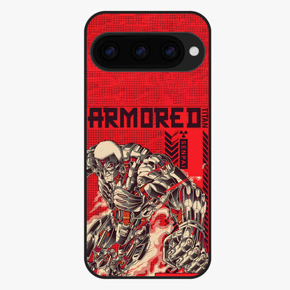 Crimson Mecha Titan Glass Case showing flat back view with powerful mech titan artwork and glossy glass finish.