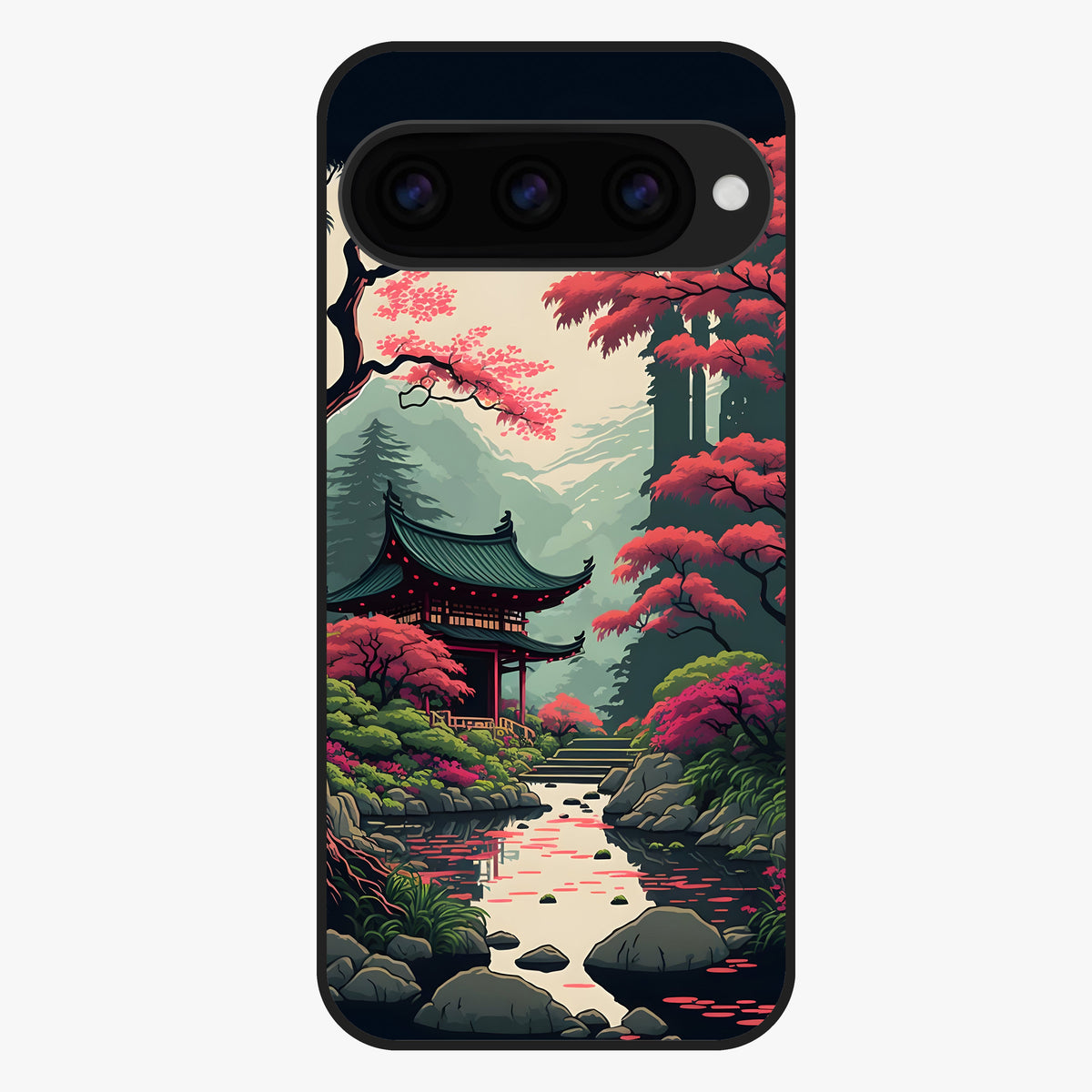 Crimson Temple View Glass Case showing flat back view with temple inspired artwork and glossy glass finish.