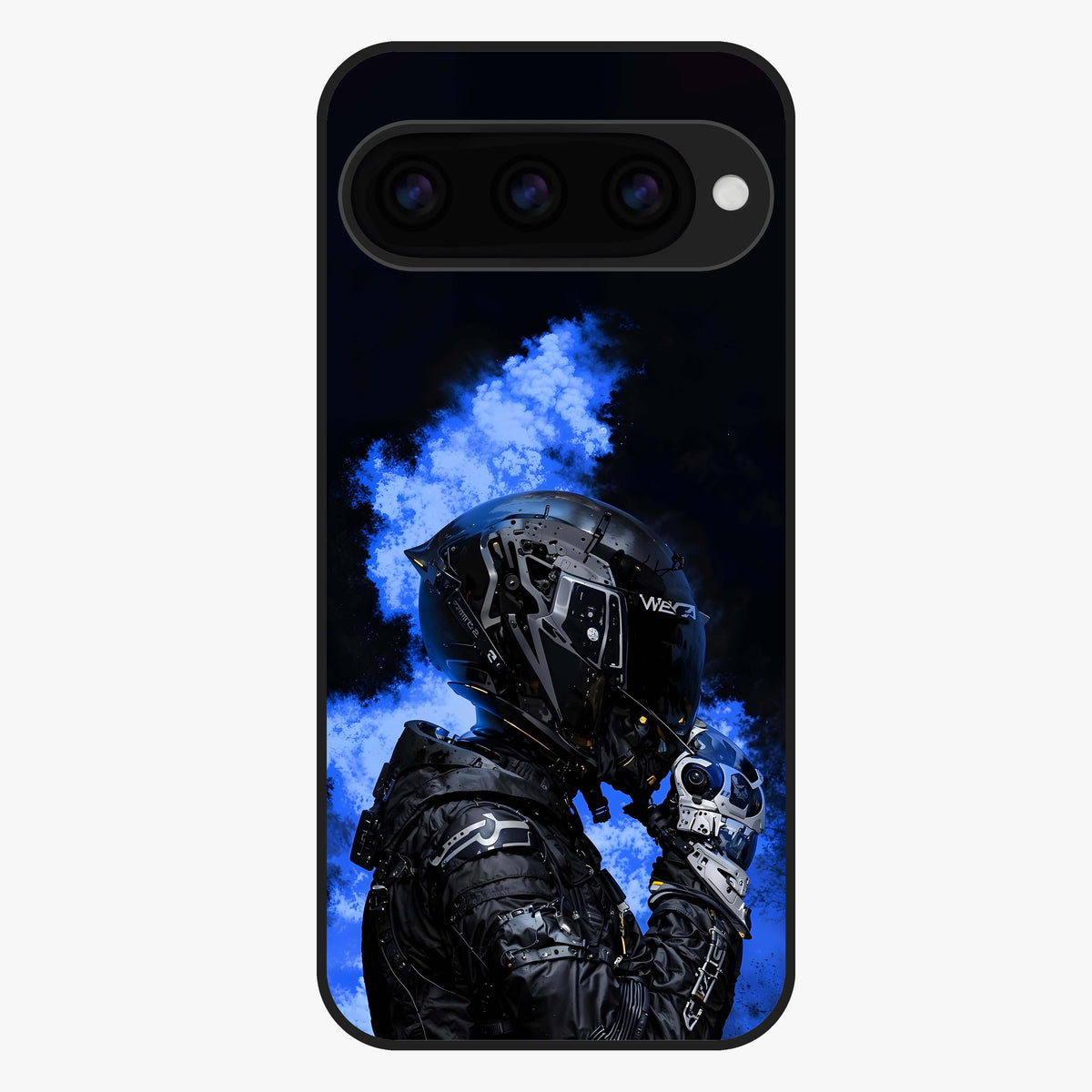 Cyber Sentinel Protocol Glass Case showing flat back view with futuristic cyber themed artwork and glossy glass finish.