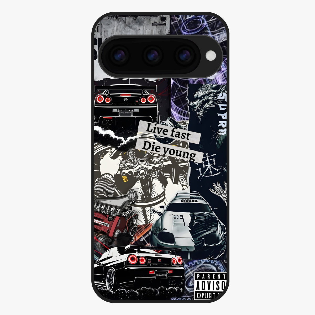 Die Young Glass Case showing flat back view with bold artistic typography design and glossy glass finish.
