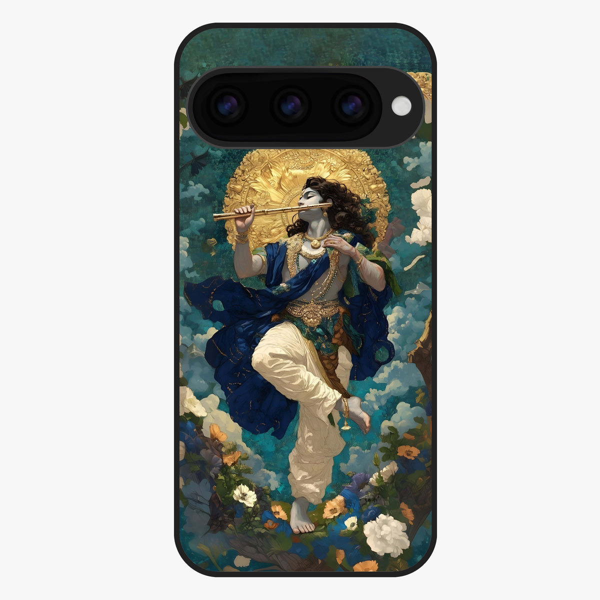 Divine Krishna Art Glass Case showing flat back view with Lord Krishna artwork and glossy glass finish.