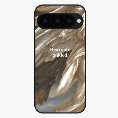 Divine Winged Grace Glass Case showing flat back view with elegant wing inspired artwork and glossy glass finish.